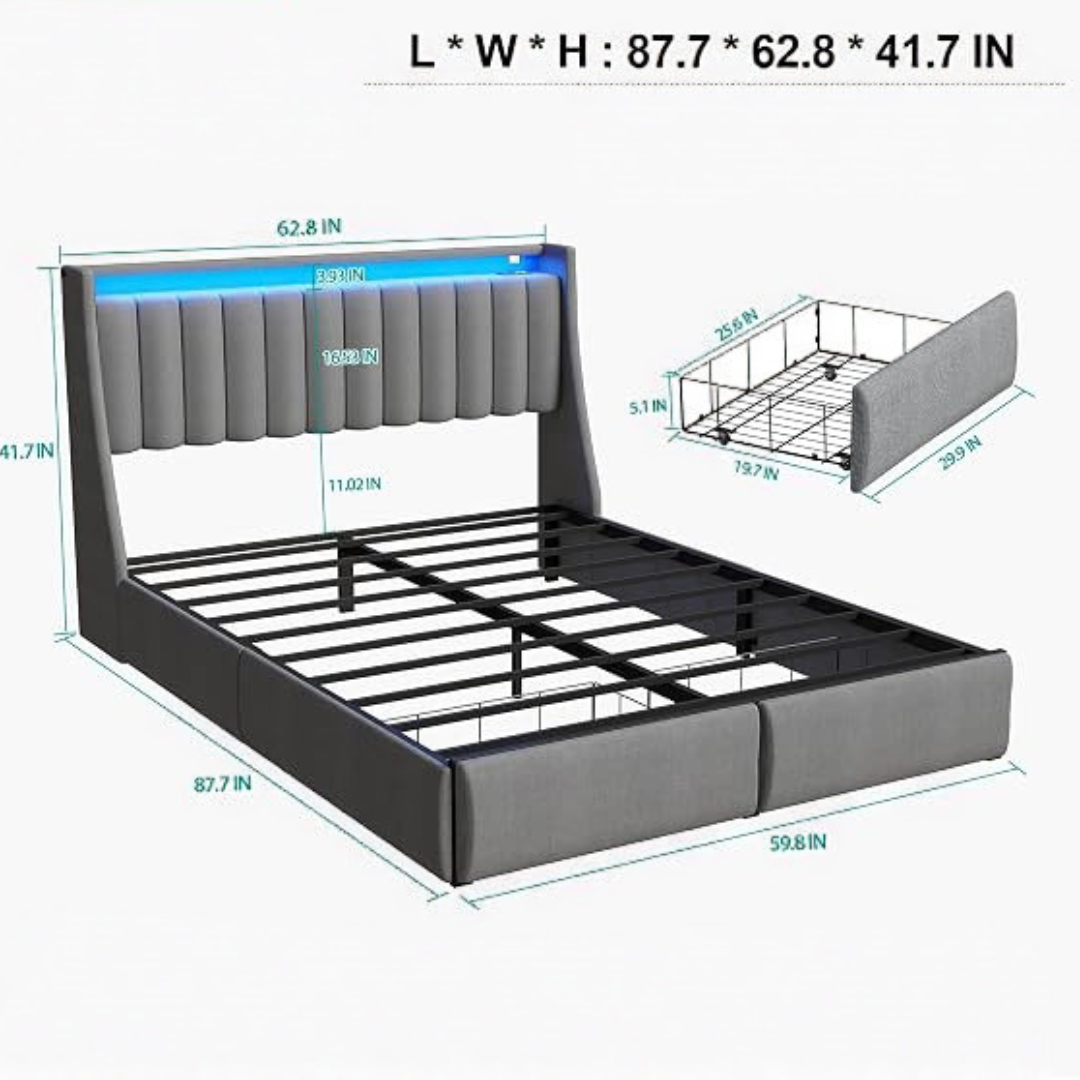 GoFurnitureHub Queen Bed Frame with Upholstered Storage Headboard LED Lights Charging Station Metal Platform Bed Gray