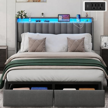 GoFurnitureHub Queen Bed Frame with Upholstered Storage Headboard LED Lights Charging Station Metal Platform Bed Gray