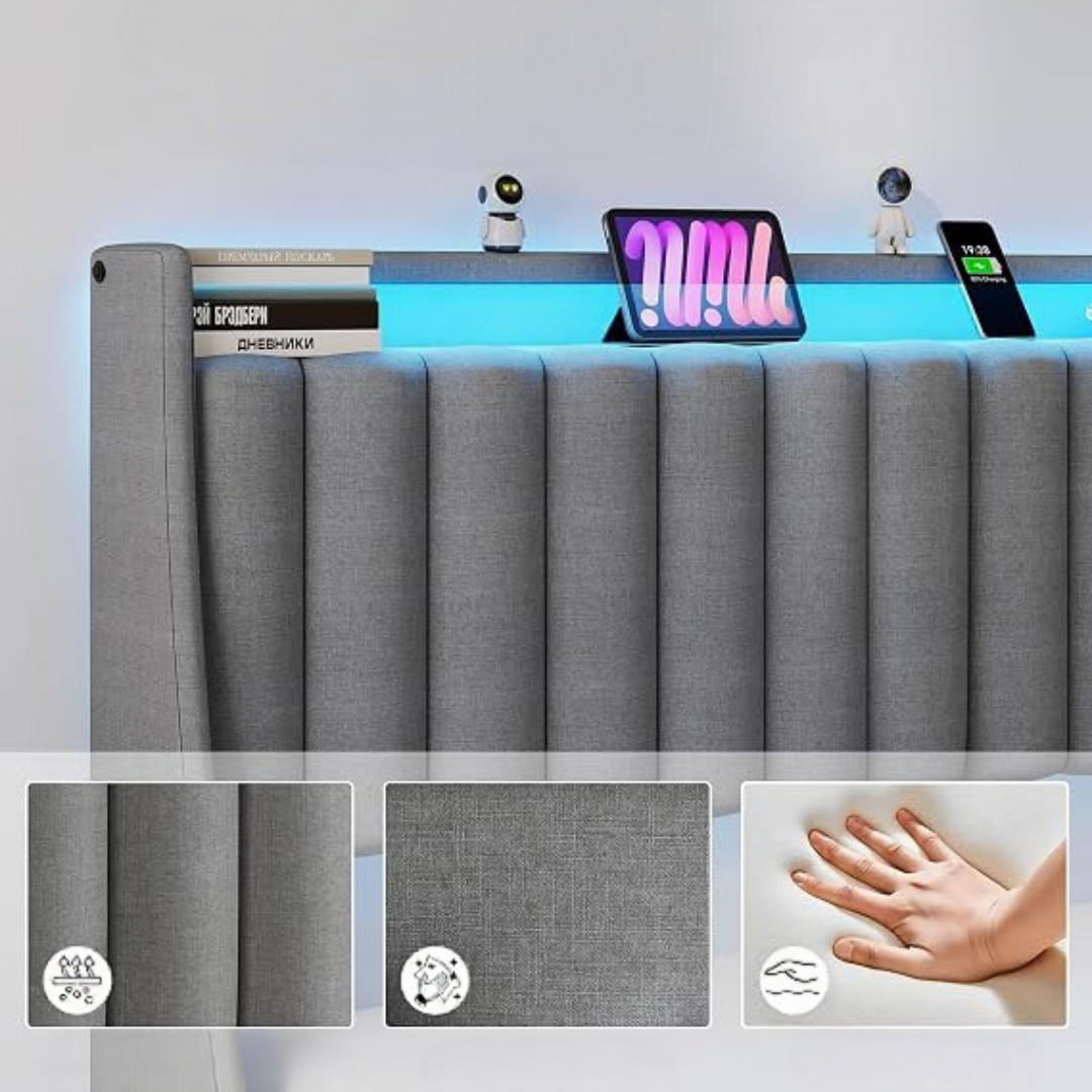 GoFurnitureHub Queen Bed Frame with Upholstered Storage Headboard LED Lights Charging Station Metal Platform Bed Gray