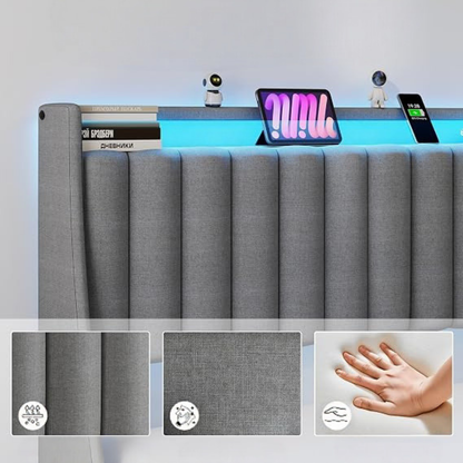 GoFurnitureHub Queen Bed Frame with Upholstered Storage Headboard LED Lights Charging Station Metal Platform Bed Gray