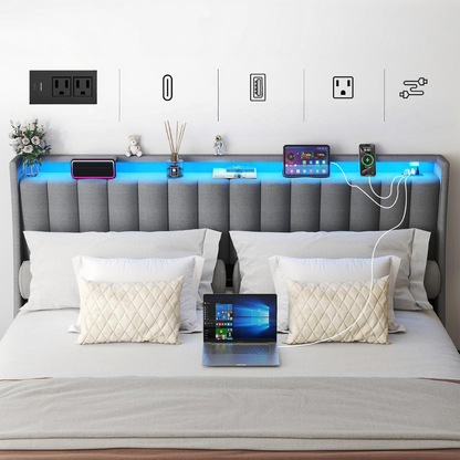 GoFurnitureHub Queen Bed Frame with Upholstered Storage Headboard LED Lights Charging Station Metal Platform Bed Gray
