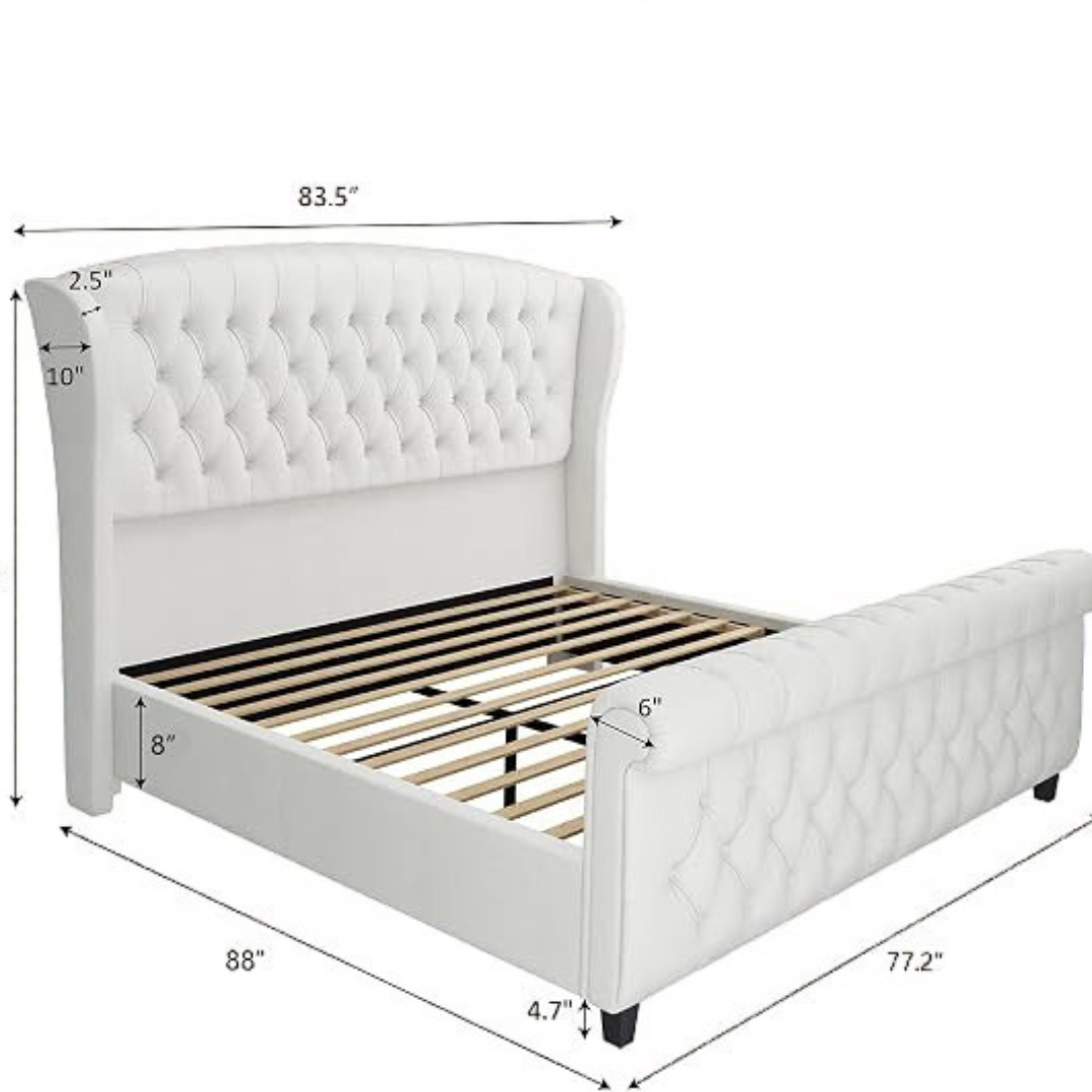 GoFurnitureHub King Upholstered Sleigh Platform Bed with Wingback Headboard Button Tufted Wood Slat Support Cream Chenille