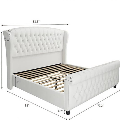 GoFurnitureHub King Upholstered Sleigh Platform Bed with Wingback Headboard Button Tufted Wood Slat Support Cream Chenille