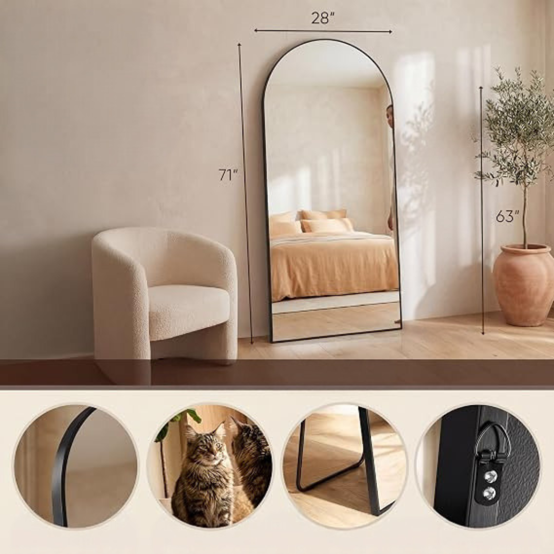 GoFurnitureHub 71" × 28" Black Arched Full-Length Floor Mirror with Aluminum Frame Freestanding