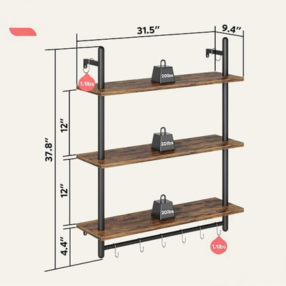 GoFurnitureHub 31.5" Rustic Brown 3-Tier Industrial Wall Shelves with Pipe Frame & Towel Bar