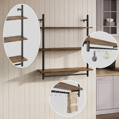 GoFurnitureHub 31.5" Rustic Brown 3-Tier Industrial Wall Shelves with Pipe Frame & Towel Bar