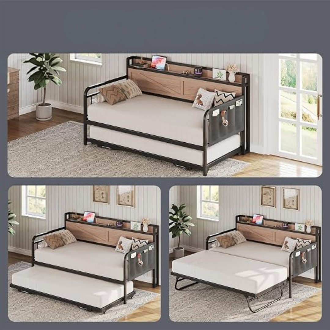 GoFurnitureHub Twin Daybed with Pop Up Trundle Charging Station Storage Shelf Wood Platform Bed Natural Finish