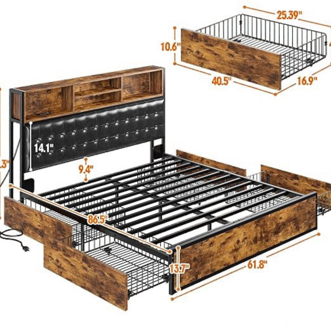GoFurnitureHub Queen Bed Frame with Storage Drawers Charging Station Upholstered Headboard Heavy Duty Platform Bed Vintage Brown