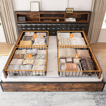 GoFurnitureHub Queen Bed Frame with Storage Drawers Charging Station Upholstered Headboard Heavy Duty Platform Bed Vintage Brown