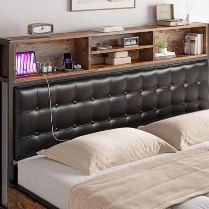 GoFurnitureHub Queen Bed Frame with Storage Drawers Charging Station Upholstered Headboard Heavy Duty Platform Bed Vintage Brown