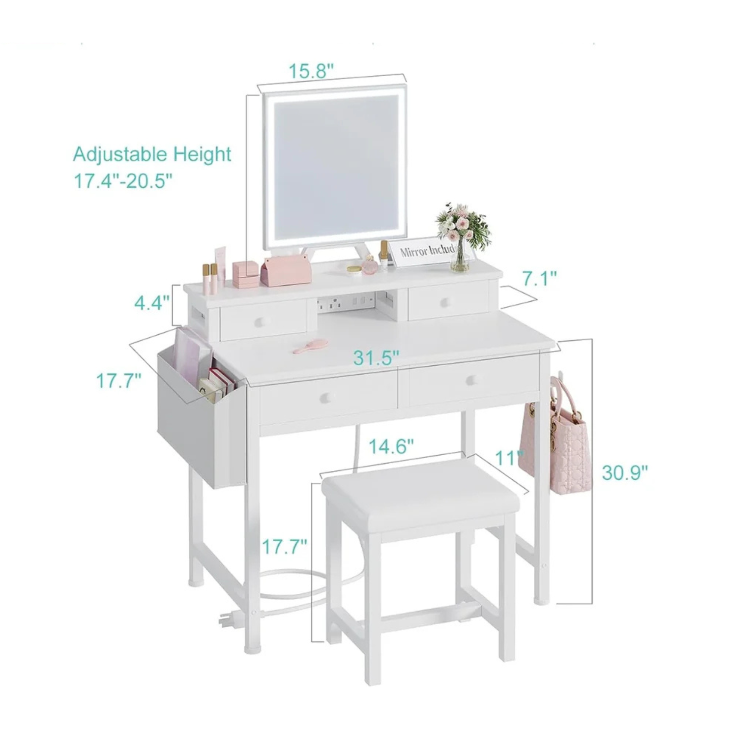 GoFurnitureHub White Makeup Vanity Desk with LED Mirror, Chair & Power Outlet – Modern Vanity Set with Drawers