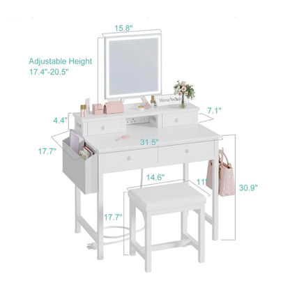 GoFurnitureHub White Makeup Vanity Desk with LED Mirror, Chair & Power Outlet – Modern Vanity Set with Drawers