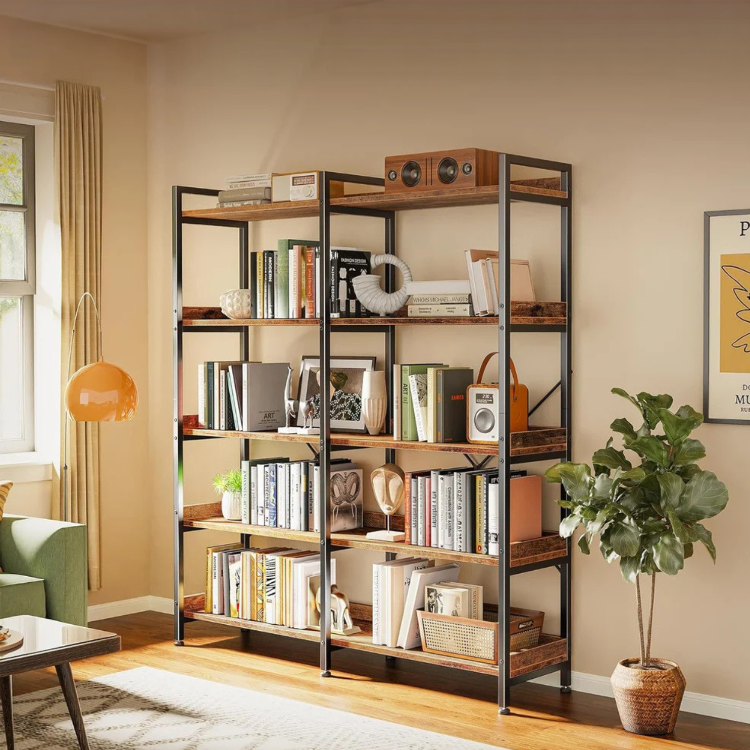 GoFurnitureHub 47.2" Industrial 5-Tier Bookshelf – Wide 10-Shelf Rustic Brown Bookcase with Metal Frame