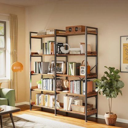 GoFurnitureHub 47.2" Industrial 5-Tier Bookshelf – Wide 10-Shelf Rustic Brown Bookcase with Metal Frame