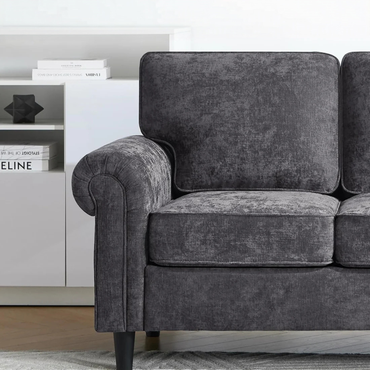 GoFurnitureHub Mid-Century Modern 3-Seater Sofa – Gray Upholstered Couch with Rolled Arms & Deep Seats