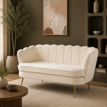 GoFurnitureHub 59" Modern Bouclé Loveseat – Ivory 2-Seater Sofa with Gold Metal Legs