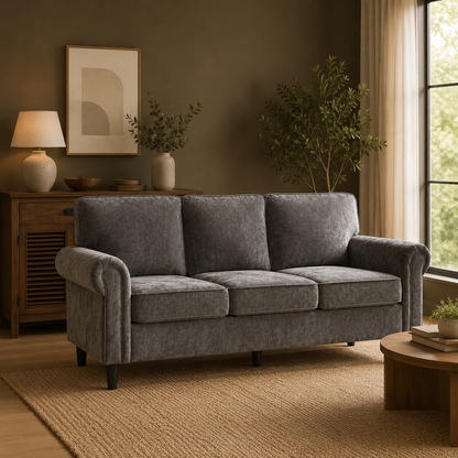 GoFurnitureHub Mid-Century Modern 3-Seater Sofa – Gray Upholstered Couch with Rolled Arms & Deep Seats