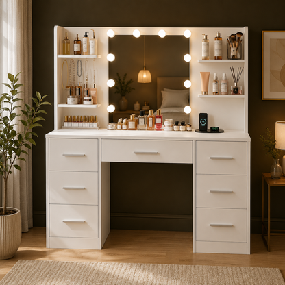 GoFurnitureHub Large White Vanity Desk with LED Mirror & Power Outlet – Makeup Table with 7 Drawers, 4 Shelves & 5 Hooks