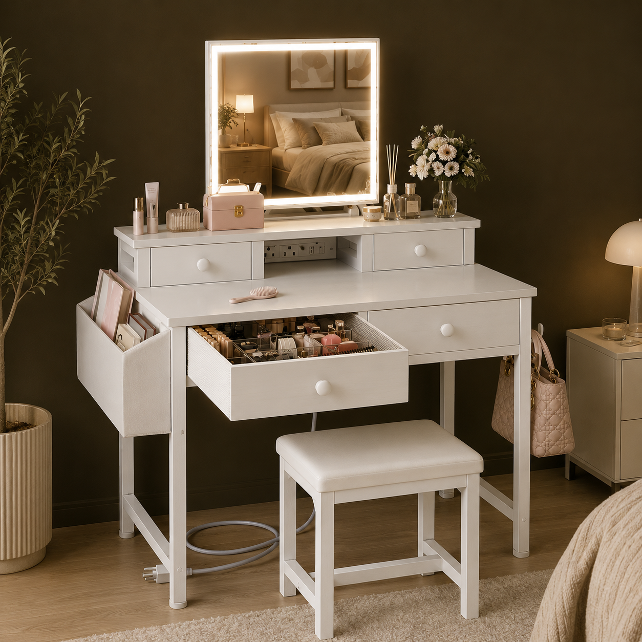 GoFurnitureHub White Makeup Vanity Desk with LED Mirror, Chair & Power Outlet – Modern Vanity Set with Drawers