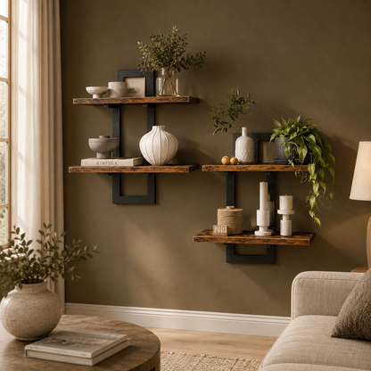 GoFurnitureHub 15" Floating Wall Shelf Set of 2 – 2-Tier Rustic Brown & Black Wall Mounted Storage Shelves