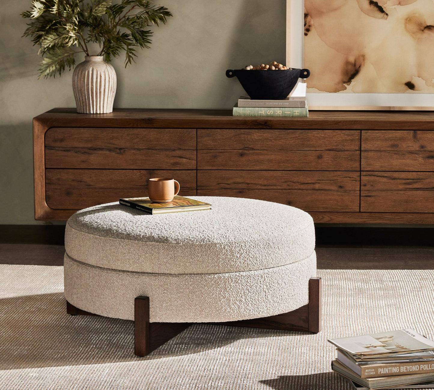 Round Storage Ottoman Coffee Table with Bouclé Upholstery – Cream