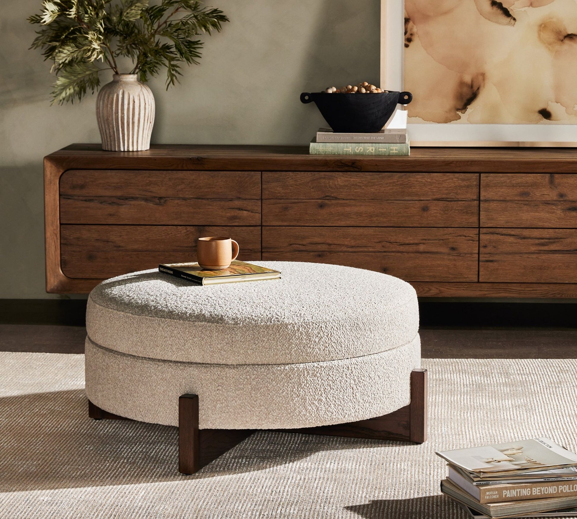 Round Storage Ottoman Coffee Table with Bouclé Upholstery – Cream