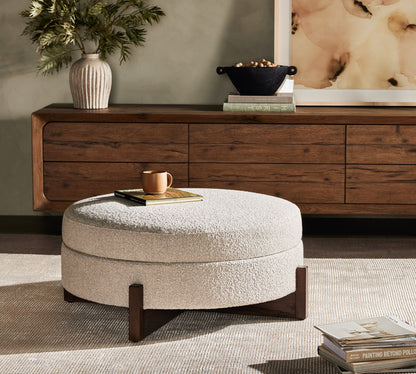 Round Storage Ottoman Coffee Table with Bouclé Upholstery – Cream