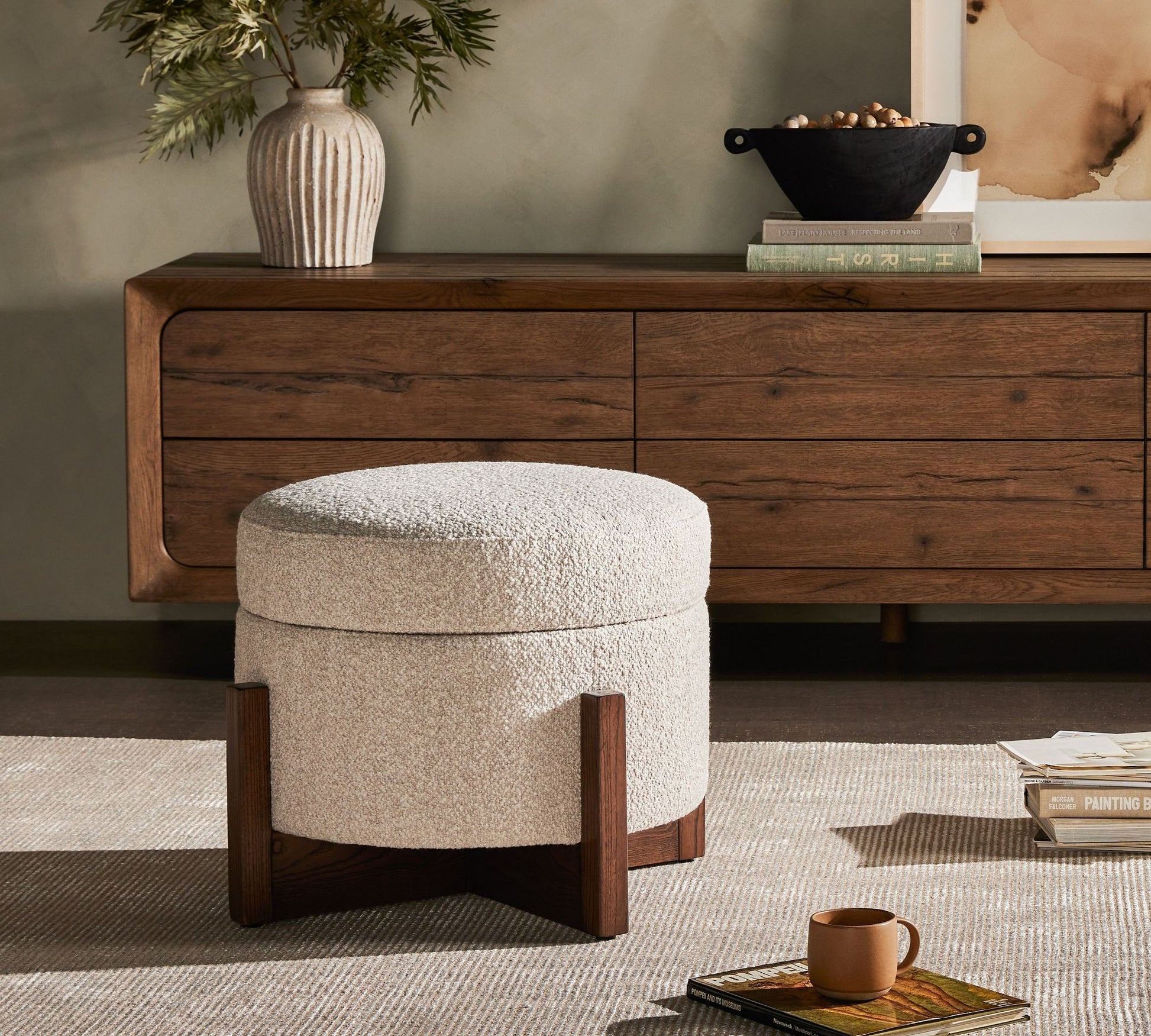 Round Storage Ottoman Coffee Table with Bouclé Upholstery – Cream
