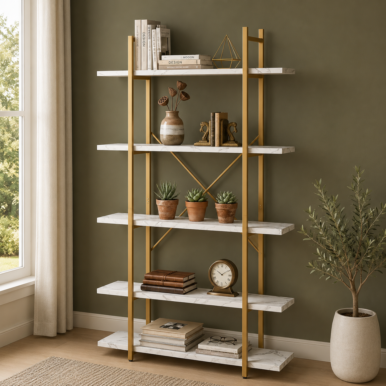 GoFurnitureHub 5-Tier Modern Bookcase with White Faux Marble Shelves