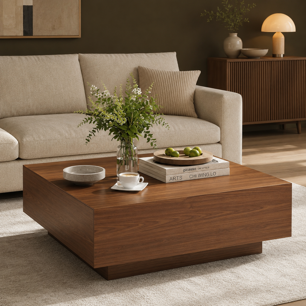 GoFurnitureHub 39.4" Modern Square Coffee Table – Walnut Wood Coffee Table with Hidden Storage