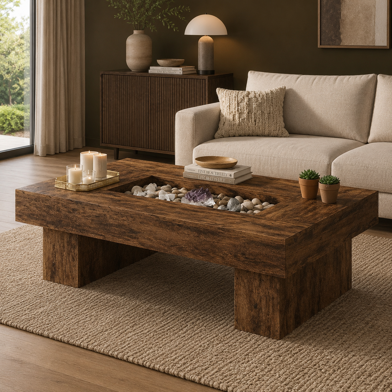 GoFurnitureHub 47.2" Rustic Coffee Table Modern Wood Center Table with LED Lighting & Storage, Rustic Brown