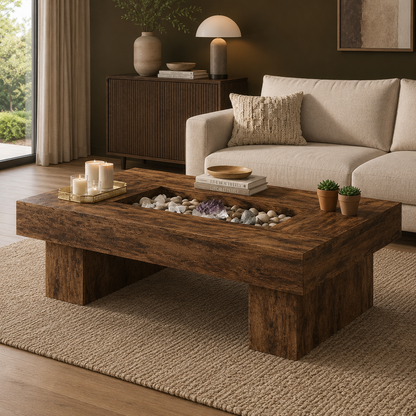 GoFurnitureHub 47.2" Rustic Coffee Table Modern Wood Center Table with LED Lighting & Storage, Rustic Brown