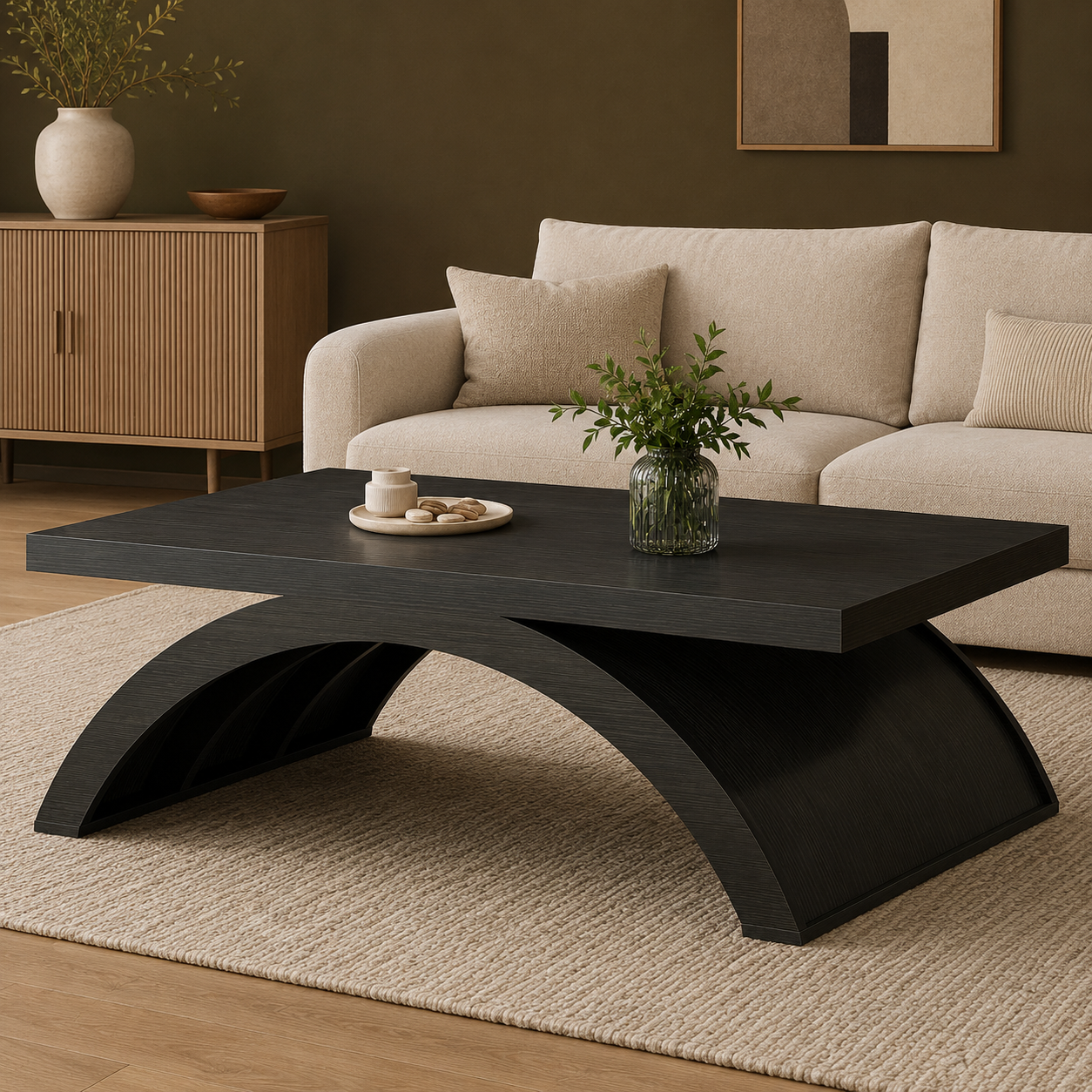 GoFurnitureHub 47" Modern Rectangular Coffee Table – Black Oak