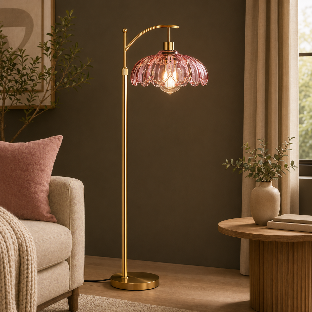 GoFurnitureHub Gold Arc Floor Lamp with Pink Glass Shade – Dimmable Mid-Century Modern Standing Lamp with Remote