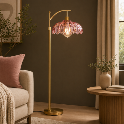 GoFurnitureHub Gold Arc Floor Lamp with Pink Glass Shade – Dimmable Mid-Century Modern Standing Lamp with Remote