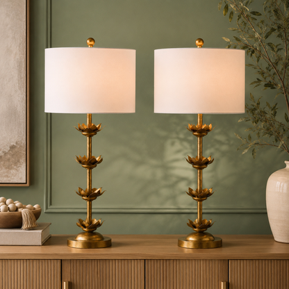 GoFurnitureHub 32" Antique Gold Leaf Table Lamp Set with White Drum Shades
