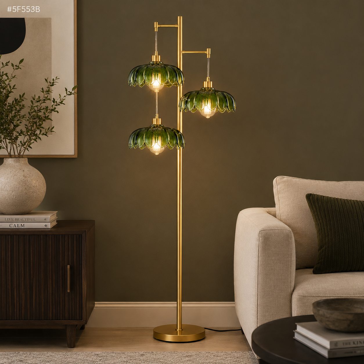 GoFurnitureHub Vintage Brass 3-Light Floor Lamp with Green Glass Shades