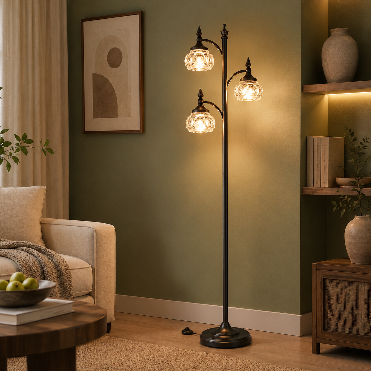 GoFurnitureHub 66.5" Black Tree Floor Lamp with 3 Adjustable Glass Lights