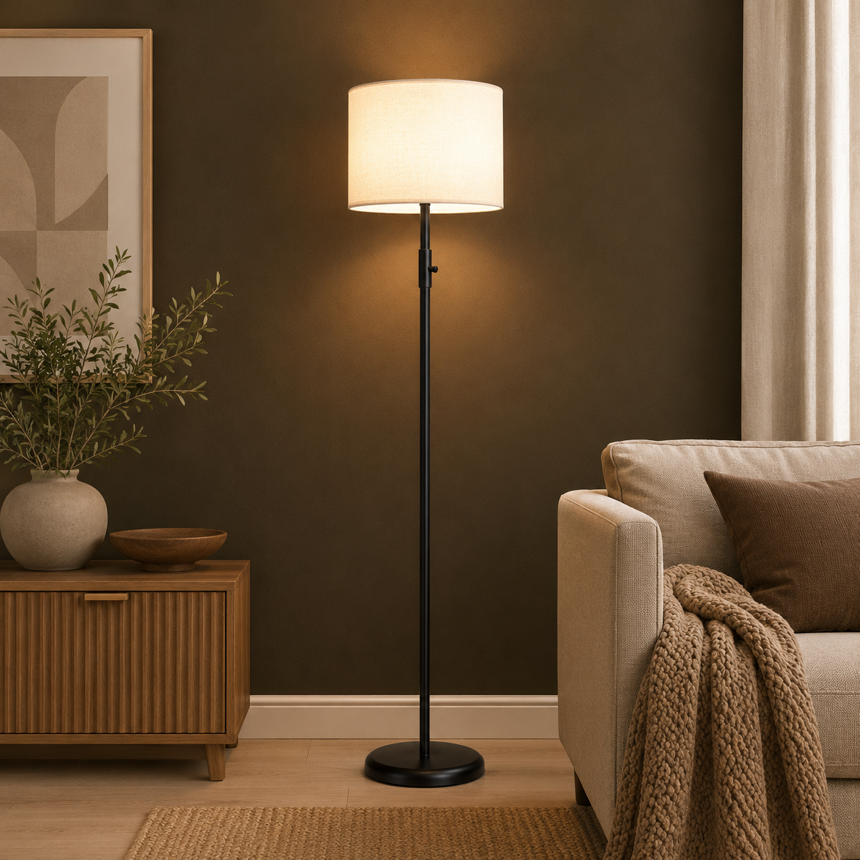 GoFurnitureHub Dimmable Floor Lamp with Linen Shade – Modern Black Standing Lamp with 1000 Lumens LED Bulb