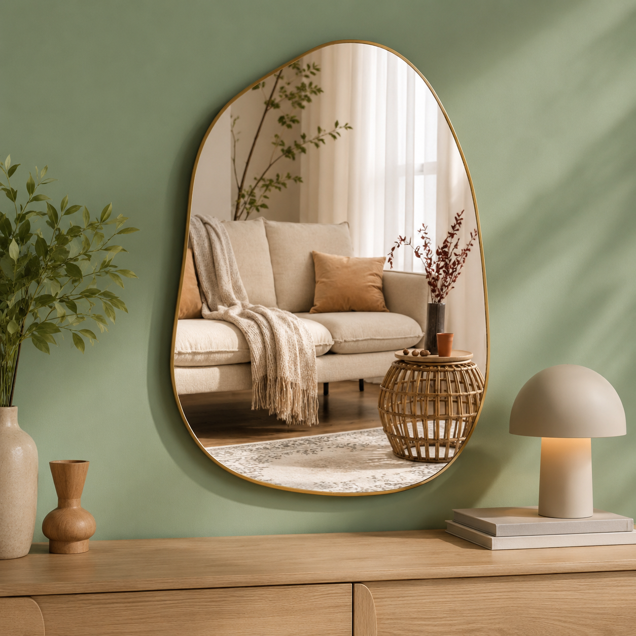 GoFurnitureHub Asymmetrical Gold Wall Mirror – 32" × 24" Modern Decorative Mirror