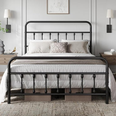 Yaheetech Queen Bed Frame with Headboard, Victorian Vintage Black Iron | Easy-to-assemble sturdy metal frame for noiseless sleep; no box spring needed, provides spacious 12.6in under-bed storage