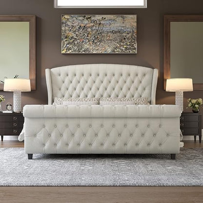 GoFurnitureHub King Upholstered Sleigh Platform Bed with Wingback Headboard Button Tufted Wood Slat Support Cream Chenille
