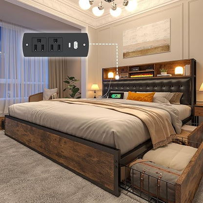 GoFurnitureHub Queen Bed Frame with Storage Drawers Charging Station Upholstered Headboard Heavy Duty Platform Bed Vintage Brown