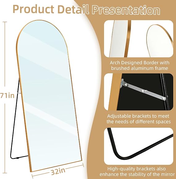 GoFurnitureHub 71" × 32" Gold Oversized Arched Full-Length Floor Mirror with Stand Large Aluminum Full-Body Mirror for Bedroom