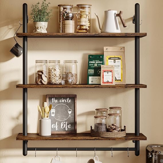 GoFurnitureHub 31.5" Rustic Brown 3-Tier Industrial Wall Shelves with Pipe Frame & Towel Bar