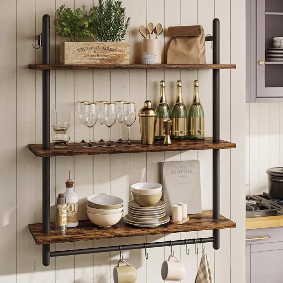 GoFurnitureHub 31.5" Rustic Brown 3-Tier Industrial Wall Shelves with Pipe Frame & Towel Bar