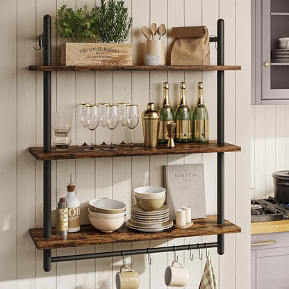 GoFurnitureHub 31.5" Rustic Brown 3-Tier Industrial Wall Shelves with Pipe Frame & Towel Bar