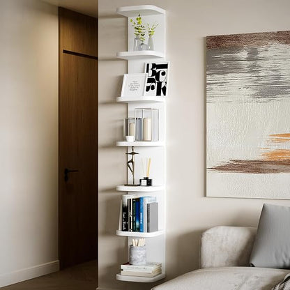 GoFurnitureHub White 7-Tier Vertical Wall Shelf with Curved Edges Floating Display & Storage Shelves for Bedroom, Vanity, Living Room & Books