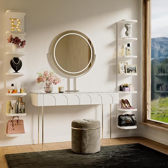 GoFurnitureHub White 7-Tier Vertical Wall Shelf with Curved Edges Floating Display & Storage Shelves for Bedroom, Vanity, Living Room & Books