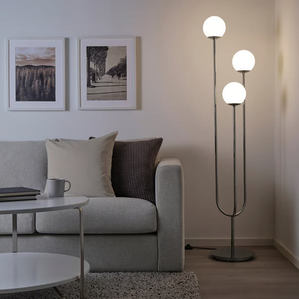 Modern 3-Globe Floor Lamp – Chrome Finish with Opal Glass Shades
